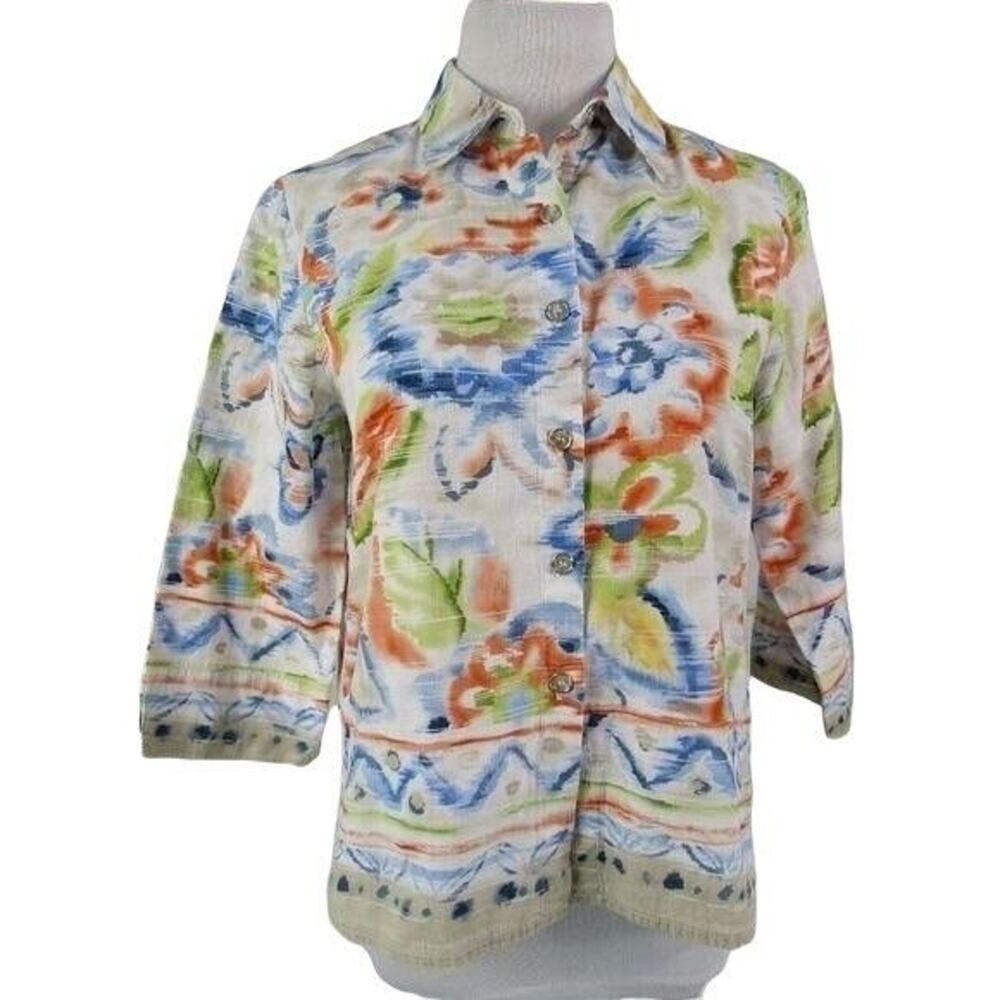 Button Front Blouse Aztec Floral Motif Size 8P Shoulder Pads Alfred Dunner